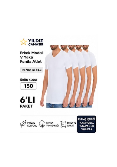 Yıldız Çamaşır Erkek V Yaka Kısa Kol Modal Likralı Fanila Atlet 150-151-152-153 - 6 Adet Beyaz