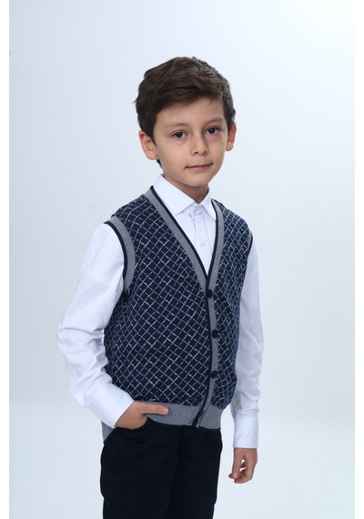 Toontoy Kids Toontoy Erkek Çocuk V Yaka Düğmeli Triko Yelek - Diagonal Desenli Lacivert