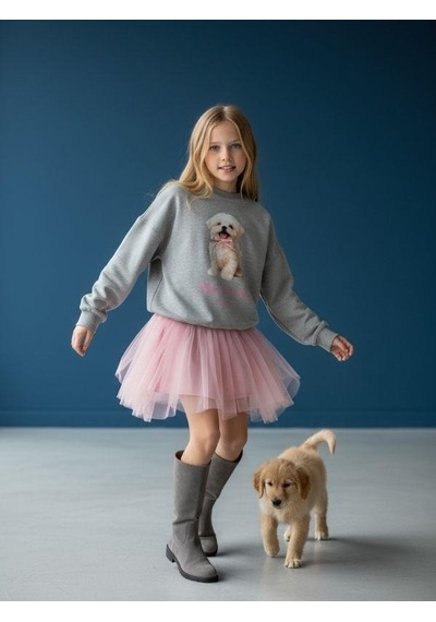 Kız Çocuk Pamuklu Köpek Baskılı Oversize Tasarım Sweatshirt-16472 Vizon