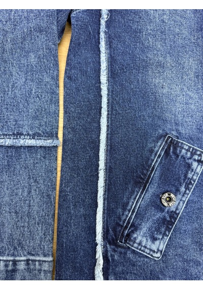 Büyük Beden Kapüşonlu Fermuarlı Baskılı Yan Cepli Denim Kadın Ceket Mavi