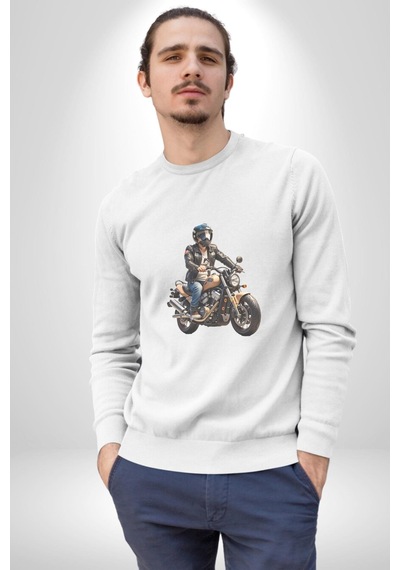 Kask Motorsiklet Dünya Turu Unisex Beyaz Baskılı Sweatshirt Beyaz