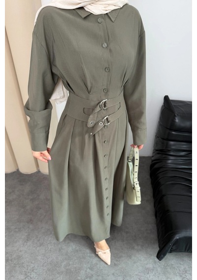 Mihran Butik Valeno Model Coupra Model Kumaş Kemer Detaylı Elbise Haki