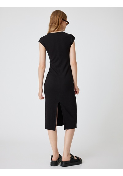 Koton Midi Slip Elbise Bisiklet Yaka Kap Kol Slim Fit Siyah 4sal80237ık Siyah
