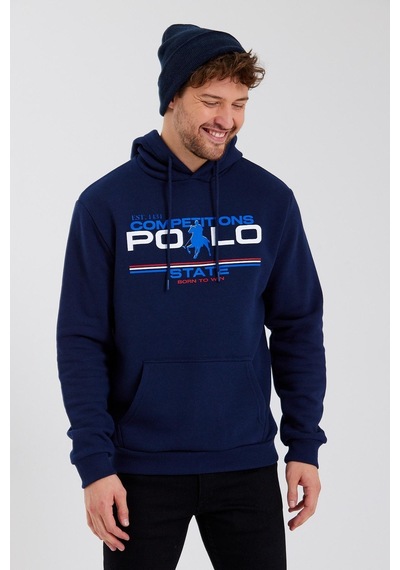 Polostate Erkek Kapüşonlu Baskılı 3 İplik Sweatshirt Lacivert