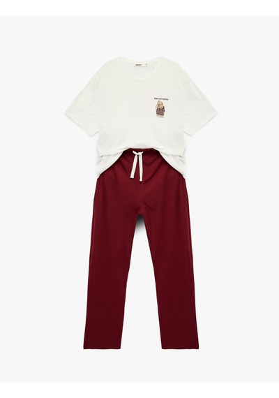 Koton Rahat Kalıp Baskılı Pamuklu Örme Pijama Takımı Beyaz 6wlm40004mk Beyaz