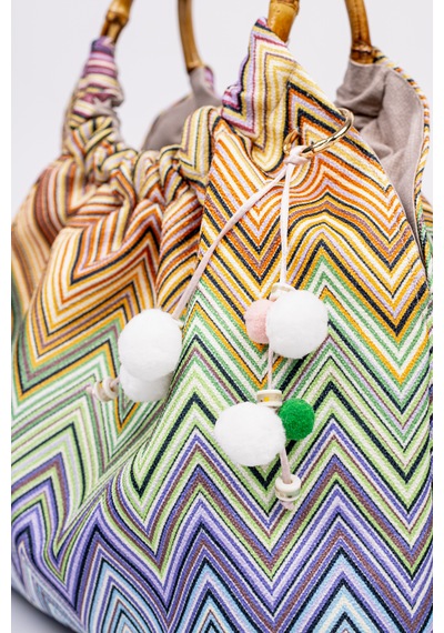 Fabric Craft Bag El Çantası Bambu Saplı Zigzag Desenli Duck Kumaş Çok Renkli