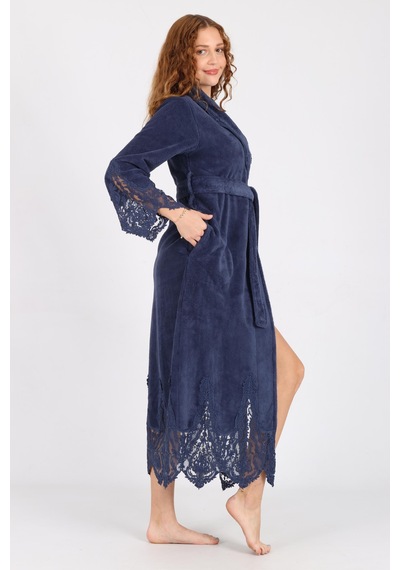 Dantelli Bambu Cotton Triga Bornoz Koyu Mavi