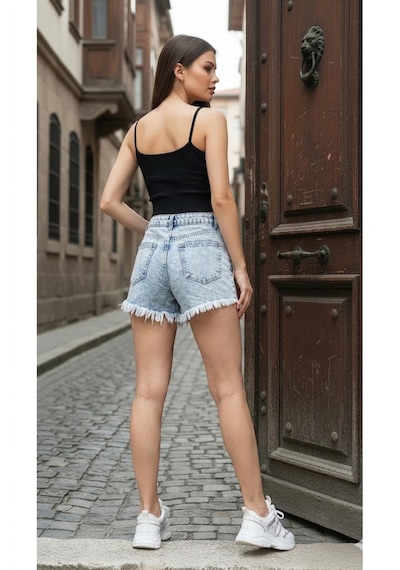 Layal My Beauty Lmb Kadın Jeans Yüksek Bel Likralı Paçası Püsküllü Denim Kot Şort Yeni Sezon New1 Buz Mavi