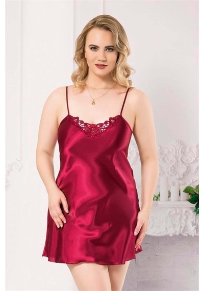 Modenya Büyük Beden Bordo Kısa Saten Gecelik Bordo