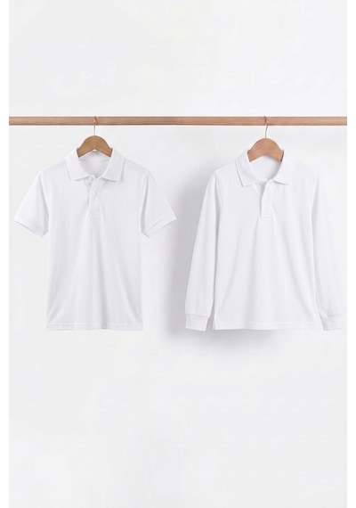 Nacar Store Unisex Çocuk Uzun Ve Kısa Kollu Polo Yaka Okul Tişörtü 2'li Set BEYAZ
