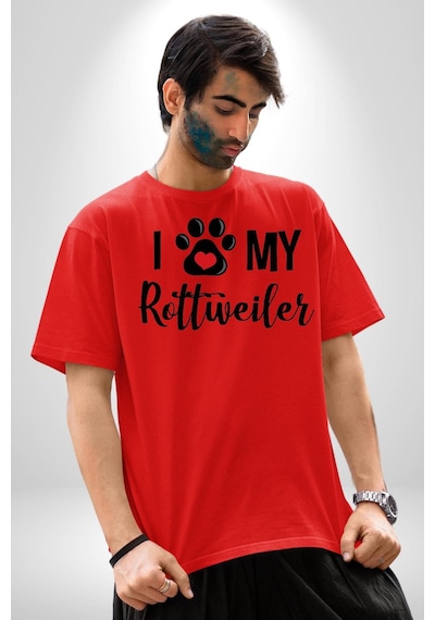 Köpek Sevgisi Rottweiler Pamuklu Bisiklet Yaka Unisex Oversize Boyfriend Dijital Baskılı Kırmızı T-shirt Kırmızı