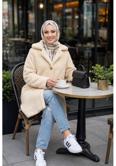Hb Harma Time Butik Kadın Astarlı Düğmeli Kruvaze Bej Peluş Kaban