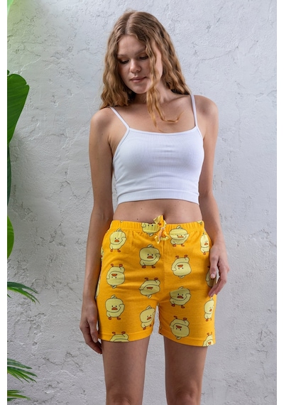 Giysa Kadın Beli Lastikli Desenli Şort Pijama Altı Sarı - 2027 Sarı