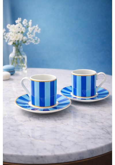 2 Kişilik Porselen Yaldızlı Lovely Birds Özel Tasarım Kuşlu Kahve Fincan Takımı Seti 90ml Açık Mavi