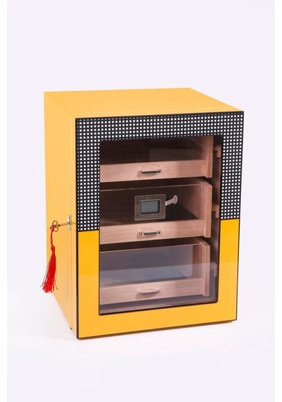 Cohiba Sarı Cohiba Desenli 4 Çekmeceli Sedir Humidor Puro Kutusu