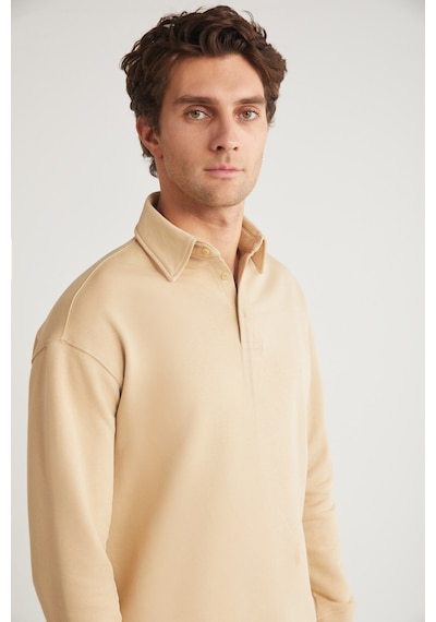 Grımelange JOHN Erkek Polo Sweat Gömlek Yakalı Arkası Uzun Yırtmaçlı Diagonel Kumaşlı Bej Sweatshirt