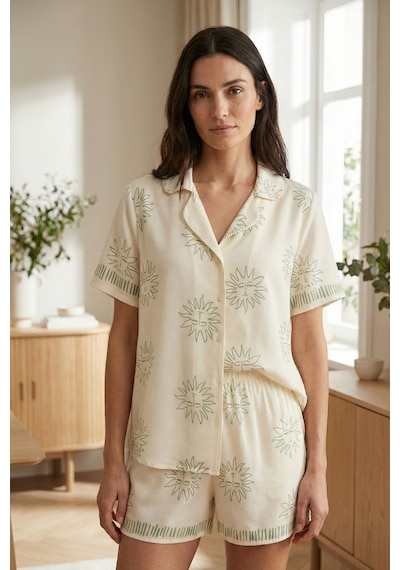 Mint Aura Desenli Viskon Şortlu Dokuma Pijama Takımı Ekru