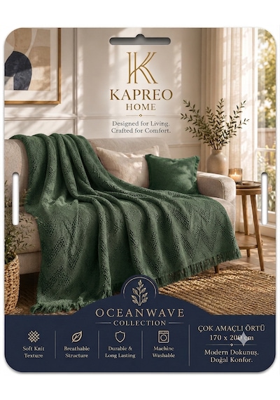 Kapreo Home Oceanwave Çok Amaçlı Örtü 170 X 200 Askeri Yeşil