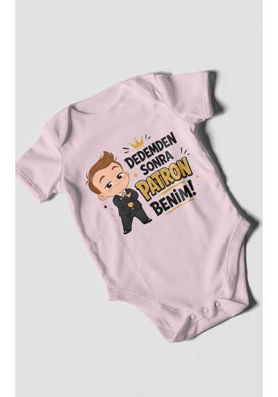 Morivokids Dedemden Sonra Patron Benim Kısa Kollu Bebek Body %100 Pamuk Bebe Pembe