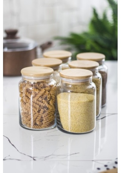 6 Lı Set Bambu Kapaklı Cam Kavanoz & Erzak Saklama Kabı 800 Ml Orta Boy Vakum Kapak Diğer