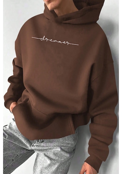 Dreamer Baskılı Oversize Sweatshirt Kahverengi