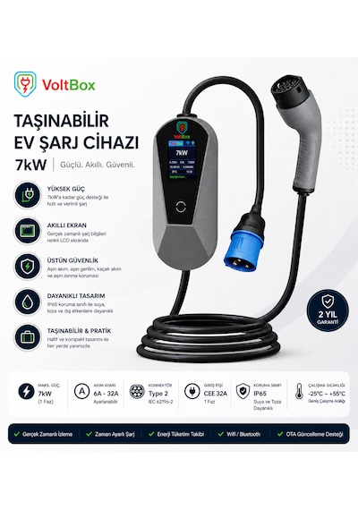 Voltbox Evo7 Taşınabilir Elektrikli Araç Şarj Cihazı 32a/7kw/220v 5 Metre -türkçe Menü 7.4 kW