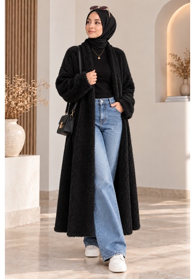 Aymiraa Kadın Oversize Uzun Triko Hırka Şal Yaka Siyah Siyah