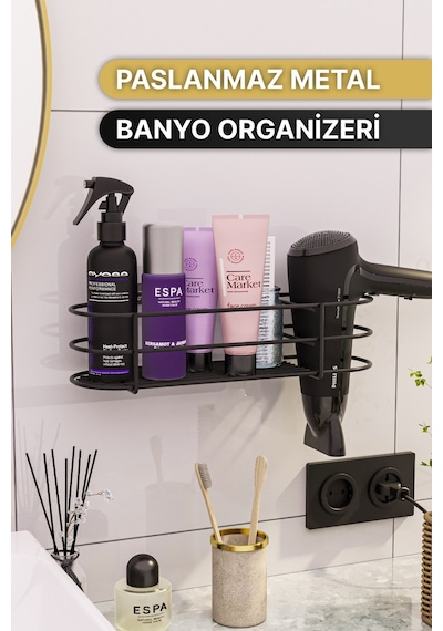 Bino Yapışkanlı Saç Kurutma Makinesi Banyo Düzenleyici Organizer Raf Siyah Bino Yapışkanlı Saç Kurutma Makinesi Banyo Düzenleyici Organizer Raf Siyah