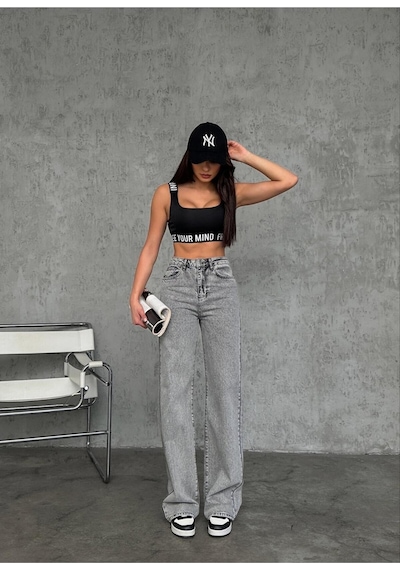 Wide-leg Geniş Paça Grey Snow Wash Denim Pantolon Gri