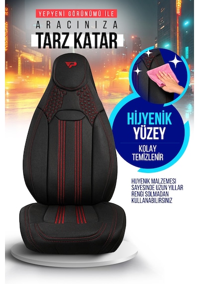 Siyah - Kırmızı Panda Hunter Lacoste Kumaş Ortopedik Destekli Oto Koltuk Kılıfı-tam Set