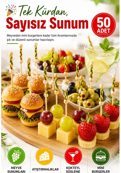 50 Adet Dekoratif Sarı Örgülü Bambu Kürdan 12 Cm Parti Davet Kokteyl Meyve Sunum Kürdanı Seti Paket