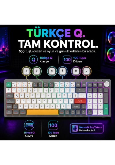 Lecoo GK100 3 Modlu Kablosuz RGB 100 Tuş Türkçe Q Membran 2000 mAh Gaming Oyuncu Klavyesi