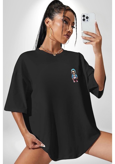 Hiphop Kurukafa Hoodie Siyah Oversize Unisex Ön Sol Yan Minimal Baskılı Tişört Koyu Siyah