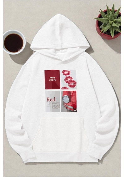Uyguntarz Unisex Red Mon Cheri Baskılı Kapüşonlu Sweatshirt beyaz