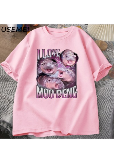Flood Of Style Ben Aşk Moo Deng T Shirt Kadın Erkek Komik Moo Deng Fan Kulübü Hippo Sevgilisi T-shirt Pamuk Pembe
