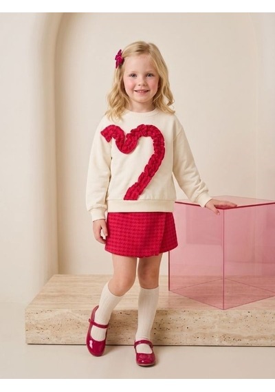 Zekids Kız Çocuk Ekru Kırmızı Kalp Aplikeli Sweatshirt-17450 KREM