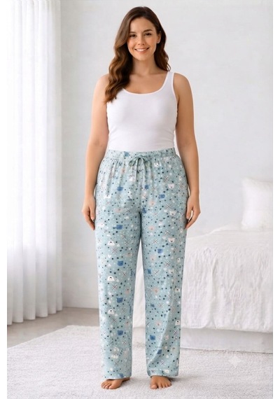 Viskon Pamuklu Kadın Büyük Beden Deniz Mavisi Desenli Pijama Pantolon - Mgb012 - Mudanis