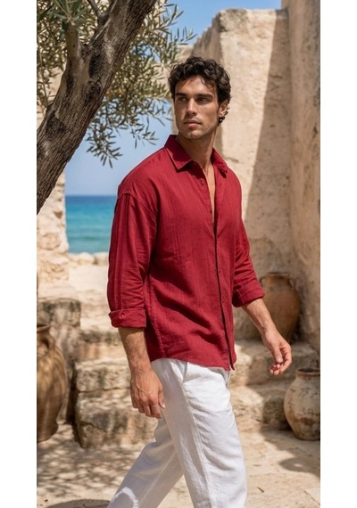 Zenna Tarz Erkek Armürlü Yarım Oversize Müslin Gömlek Bordo