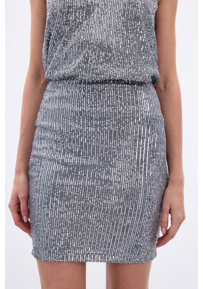 Sateen Payetli Mini Etek - Gri-136650 Gri