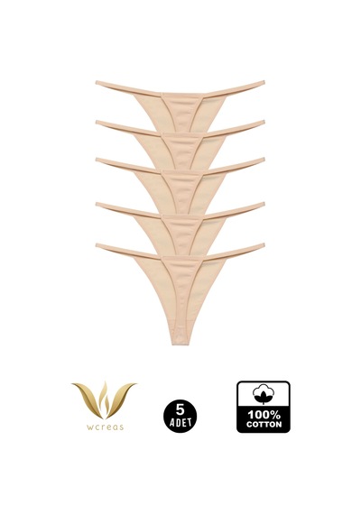 Wcreas Kadın İpli Tanga, Pamuklu Yumuşak Kumaş G-string Tanga 5'li Paket Ten Ten