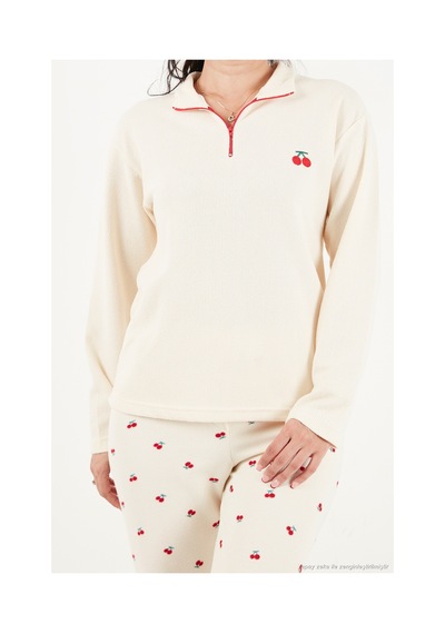 Lela Desenli Yumuşak Dokulu Yarım Fermuarlı Dik Yaka Pijama Takımı Kadın Pijama Takımı 6575017 Krem