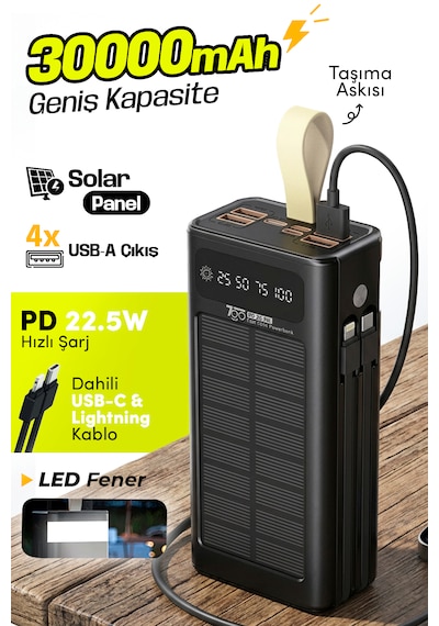 7go Gpw-09 30000mah Güneş Enerjili Powerbank Pd 22.5w Hızlı Şarj Dahili Type-c & Lightning Kablo Siyah 7go Gpw-09 30000mah Güneş Enerjili Powerbank Pd 22.5w Hızlı Şarj Dahili Type-c & Lightning Kablo Siyah