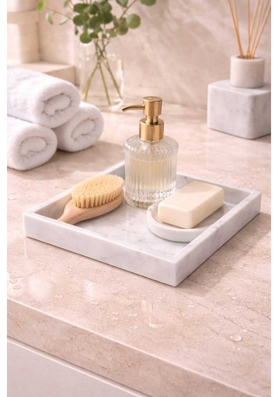 20x20 Cm Mermer Tepsi Kare Banyo Organizer Mutfak Sunum Tepsisi Kahve Parfüm Takı Standı