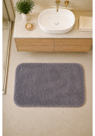 Kaymaz Jel Tabanlı Yıkanabilir Peluş Yumuşak Dokulu Dekoratif Tekli Banyo Paspası 60x100 Cm Koyu Gri