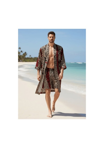 Qmen Style Erkek Kimono Takımı Leopar Desen 3 Lü Viskon Set Bornoz + Pantolon + Şort Bordo