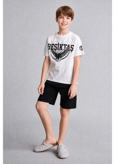 Defacto Beşiktaş Kısa Kollu Pijama Üst Şort Pijama Alt 2li Pijama Takımı Erkek Çocuk H7618a826hswt34 Beyaz-wt34