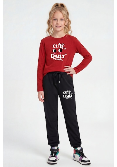 Panios Kids 3'lü Yuvarlak Yaka Sweatshirt Siyah Eşofmanlı Baskı Detaylı 6 Parça Kız Çocuk Alt Üst Takım Beyaz - Sarı