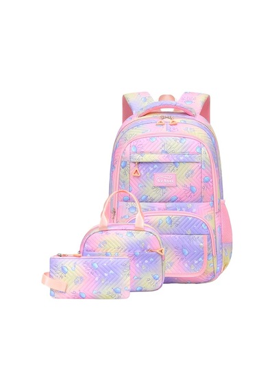 Su Geçirmez Çok Cepli Ortopedik Omuz Destekli Kız Çocuk 3 Lü Okul Çanta Seti Pembe Lila Pembe