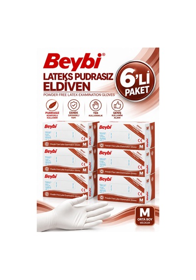 Beybi Pudrasız Lateks Muayene Eldiveni Medium 100'lü 6 Adet