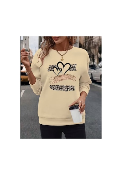Herkesemoda Leopar Desen Detaylı Bisiklet Yaka Sweatshirt Bej